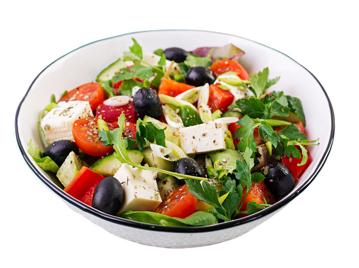 Greek Salad - Lettuce, tomato, feta cheese, olives, olive oil, and lemon